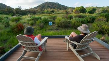 Two women sitting on a deck looking at a green landscape