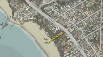 Aerial image showing project location, stairway between PCH and sand at 9th Ave Laguna Beach