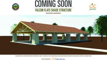 Artist rendering of a large, craftsman-style covered picnic area coming soon to Falcon Flats at Irvine Regional Park