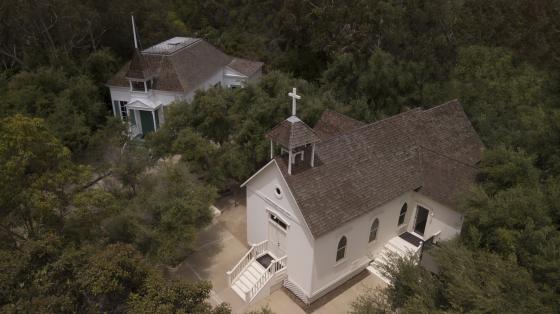 Overhead view of historic school and church