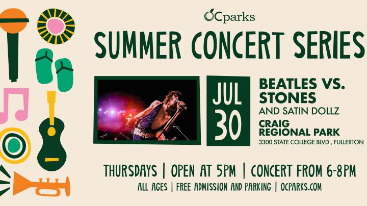 2026 Summer Concert Series Beatles vs. Stones event on July 30 at Craig Regional Park.