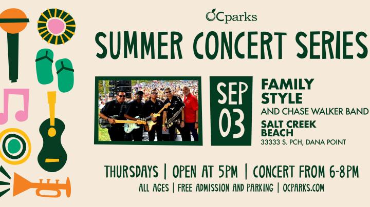 2026 Summer Concert Series Family Style event on September 3 at Bluff Park at Salt Creek Beach.