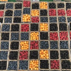 Grid of blue, black, orange and red berries in baskets