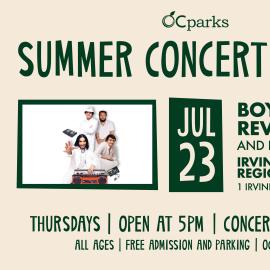 2026 Summer Concert Series Boy Band Review event on July 23 at Irvine Regional Park.