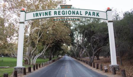 Archway over a road, saying Irvine Regional Park