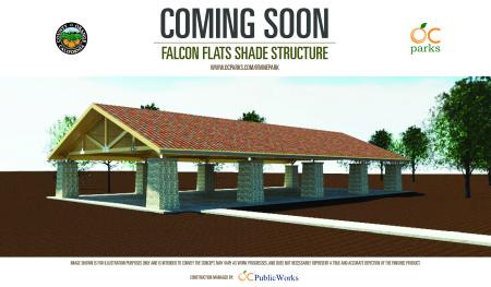 Artist rendering of a large, craftsman-style covered picnic area coming soon to Falcon Flats at Irvine Regional Park