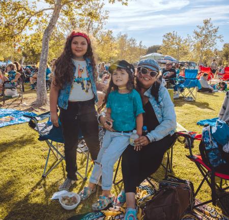 Group of people at a concert in the park.